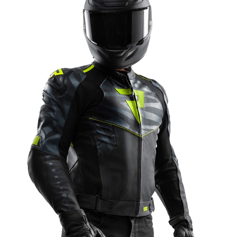 Kurtka motocyklowa skórzana Rebelhorn Vandal 2 czarno-szaro-fluo-żółta