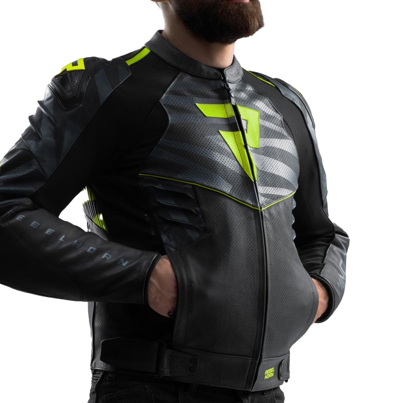 Kurtka motocyklowa skórzana Rebelhorn Vandal 2 czarno-szaro-fluo-żółta
