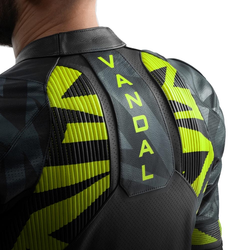 Kurtka motocyklowa skórzana Rebelhorn Vandal 2 czarno-szaro-fluo-żółta