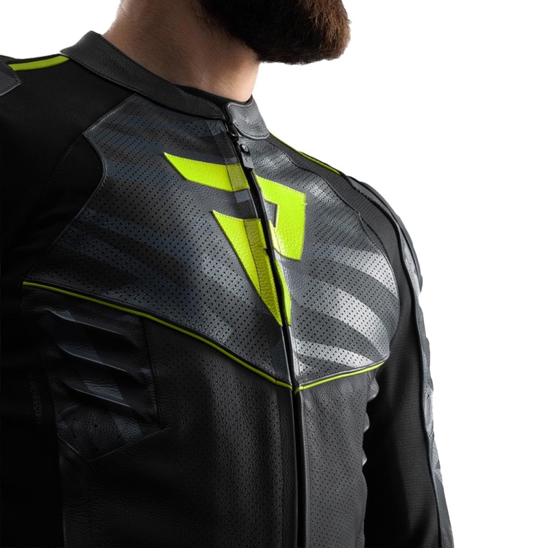 Kurtka motocyklowa skórzana Rebelhorn Vandal 2 czarno-szaro-fluo-żółta