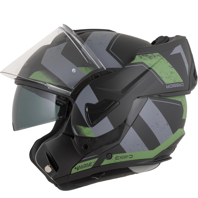 Kask motocyklowy Cassida MultiFlip Korp typu flip-up, mat, czarno-zielono-szary