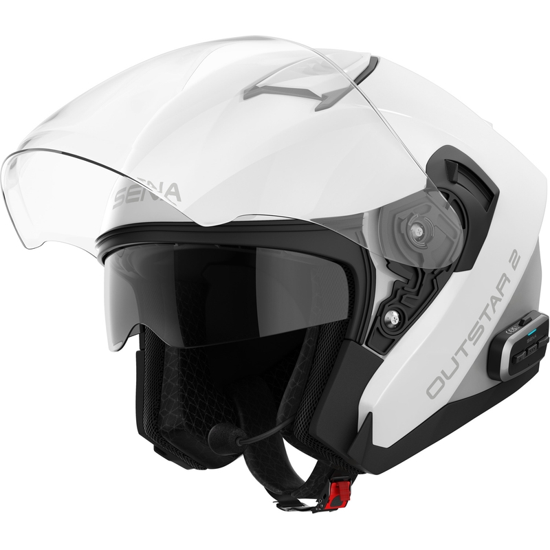 Kask motocyklowy otwarty SENA Outstar 2 z zestawem słuchawkowym, błyszczący biały
