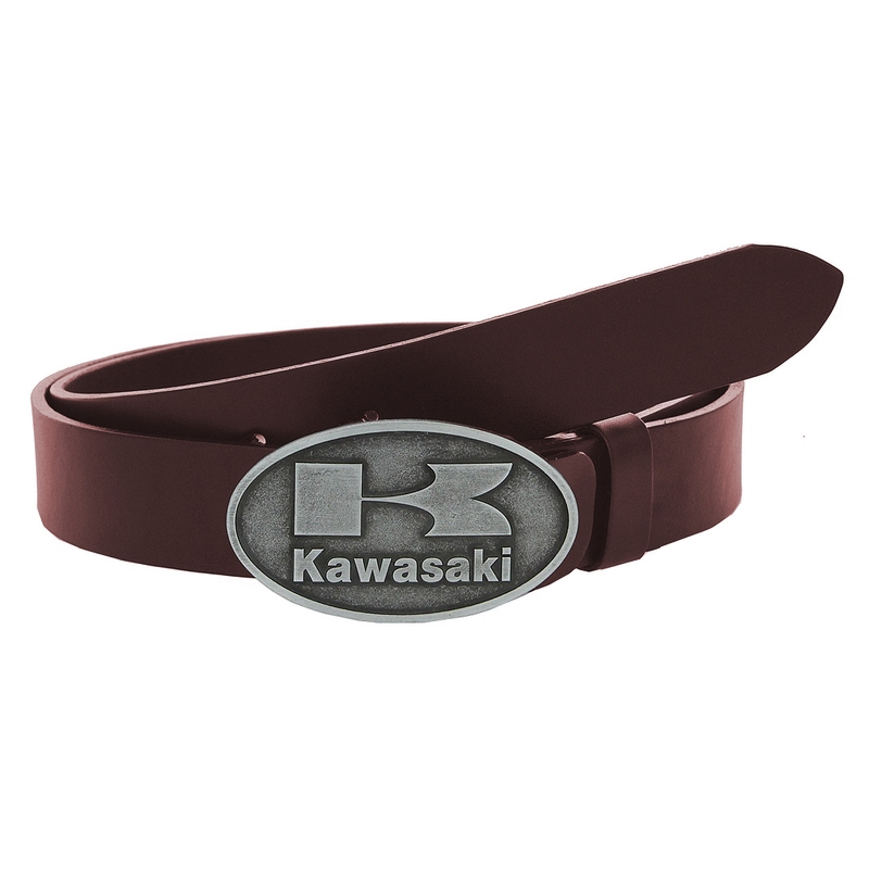 Skórzany pasek motocyklowy z klamrą Kawasaki w kolorze brązowym