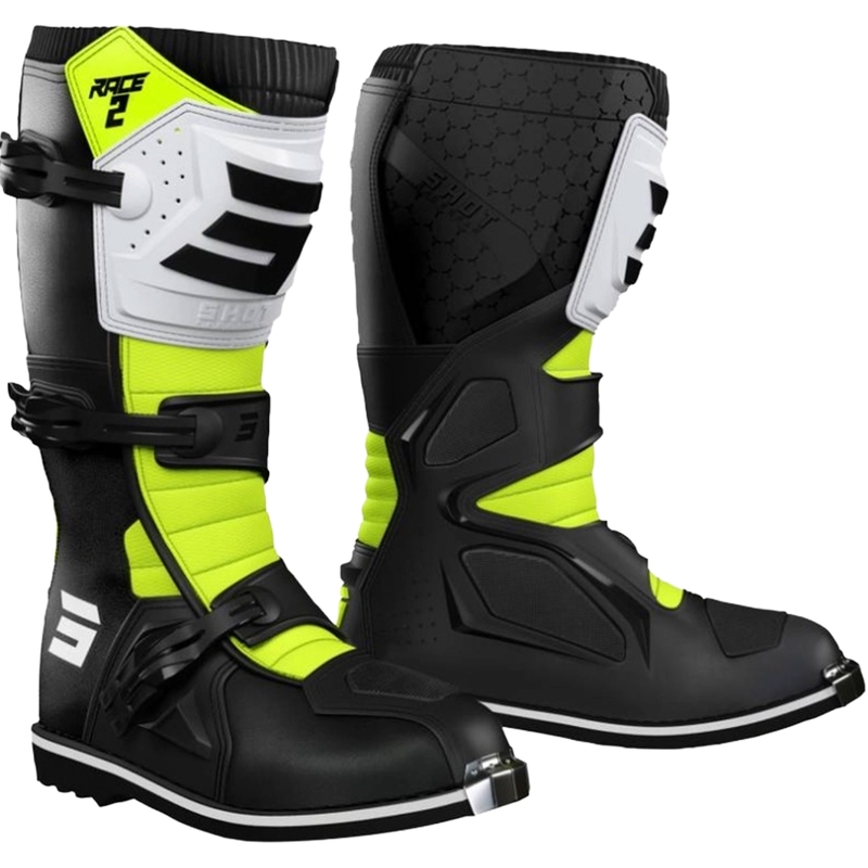 Buty motocrossowe Shot Race 2 dla dzieci w kolorze czarno-biało-fluo-żółtym