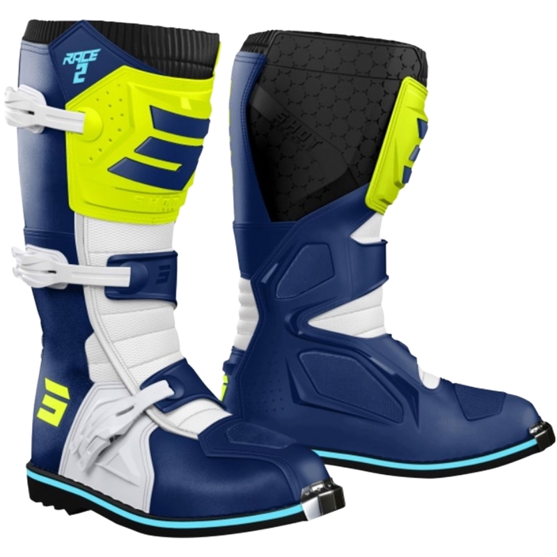 Buty motocrossowe Shot Race 2 dla dzieci w kolorze niebiesko-biało-fluo-żółtym