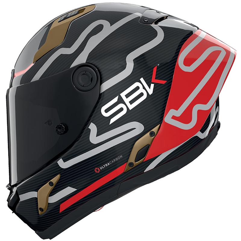Kask motocyklowy integralny Nolan X-804 RS Ultra Carbon SBK w kolorze czarno-czerwono-złotym, błyszczący