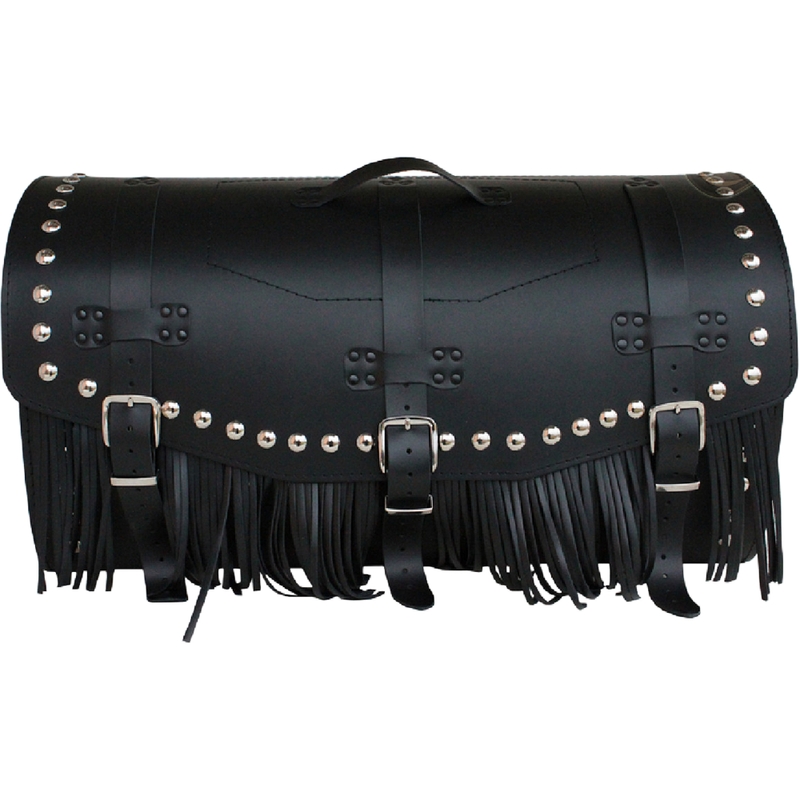 Skórzana torba motocyklowa z zamkiem, nitami i frędzlami RSA K461 czarna