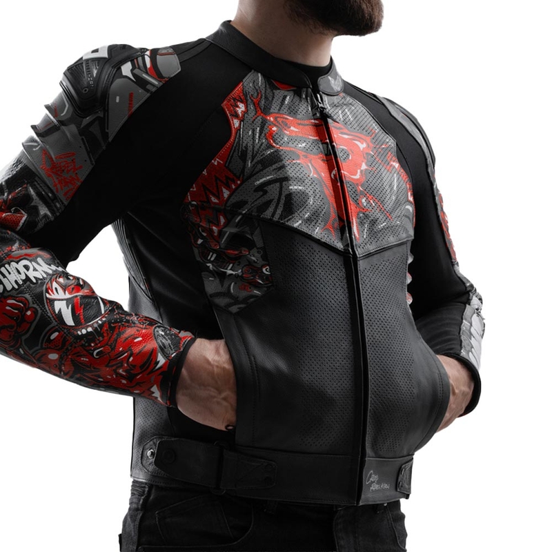 Kurtka motocyklowa skórzana Rebelhorn Vandal 2 Cruze czarno-ciemnoszaro-czerwona