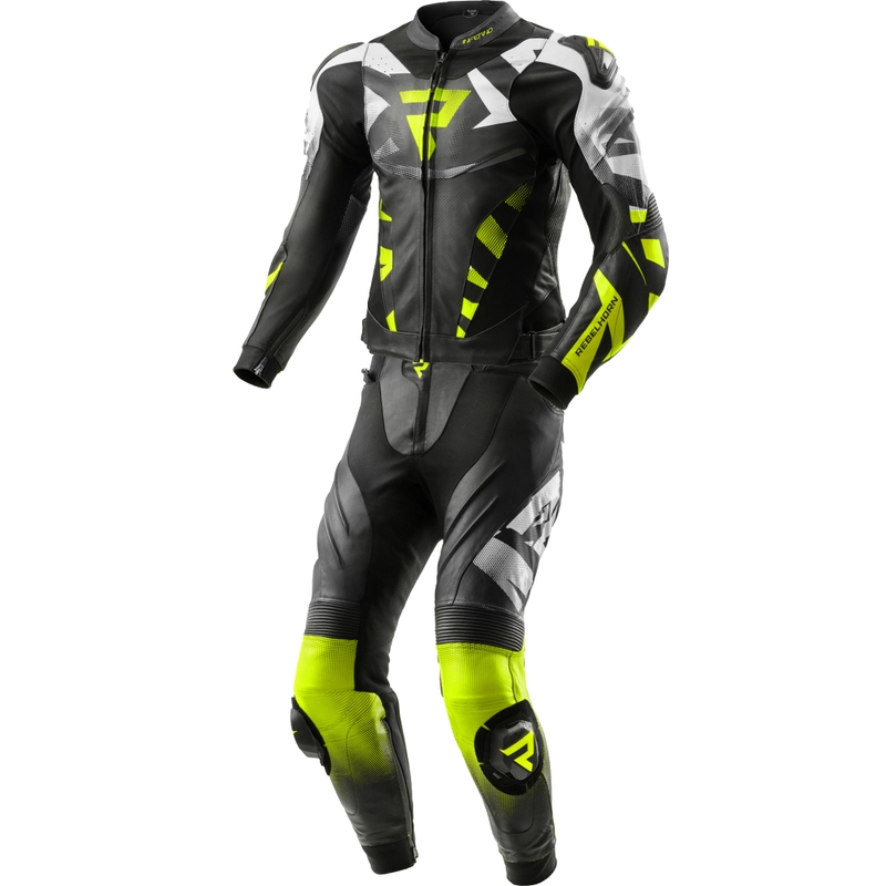 Dwuczęściowy skórzany kombinezon motocyklowy Rebelhorn Inferno w kolorze czarno-fluo-żółtym