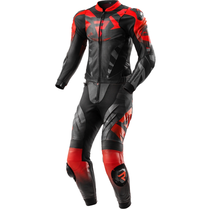 Dwuczęściowy skórzany kombinezon motocyklowy Rebelhorn Inferno w kolorze czarno-fluo-czerwonym