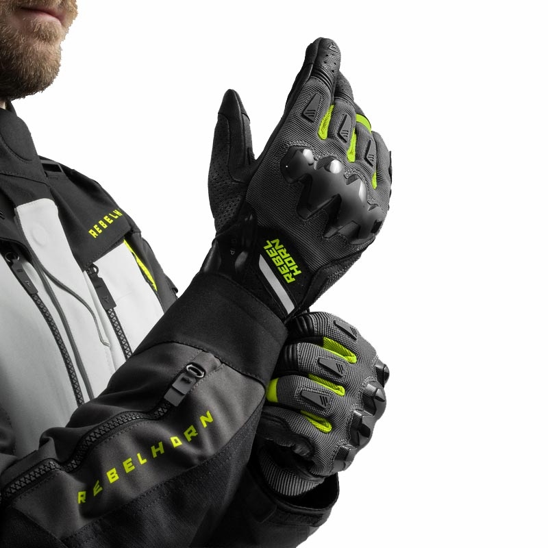 Rękawice motocyklowe Rebelhorn Defender czarno-szaro-fluo-żółte