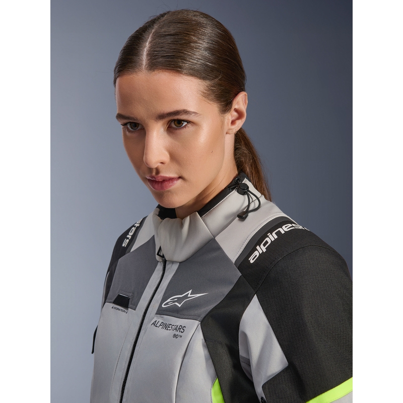 Kurtka motocyklowa damska Alpinestars Stella Andes V4 Drystar w kolorze ciemnoszarym, jasnoszarym, czarnym i fluorescencyjnym żółtym