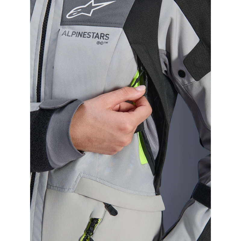 Kurtka motocyklowa damska Alpinestars Stella Andes V4 Drystar w kolorze ciemnoszarym, jasnoszarym, czarnym i fluorescencyjnym żółtym