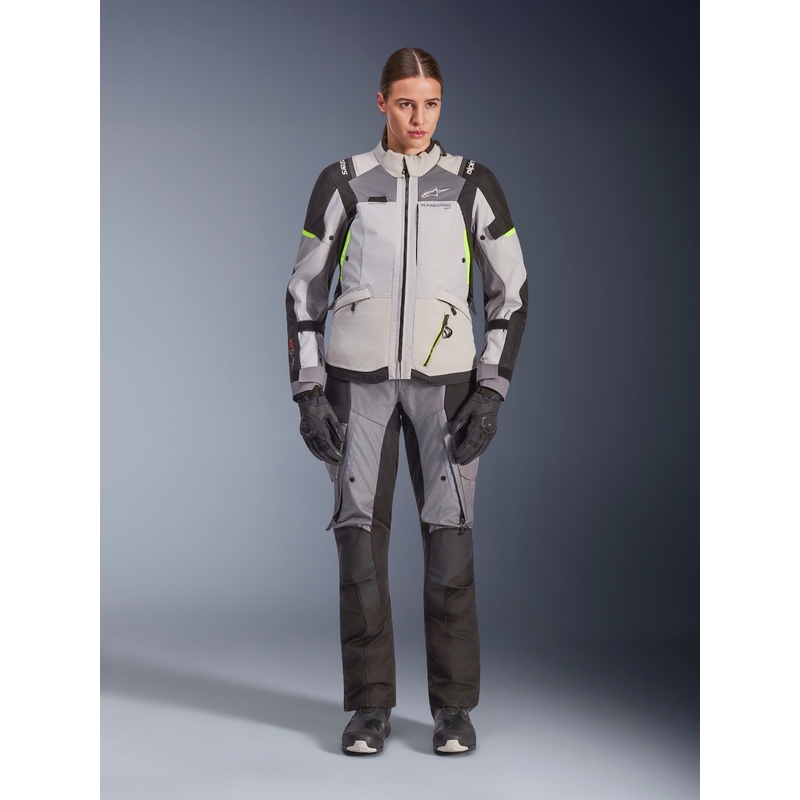 Kurtka motocyklowa damska Alpinestars Stella Andes V4 Drystar w kolorze ciemnoszarym, jasnoszarym, czarnym i fluorescencyjnym żółtym