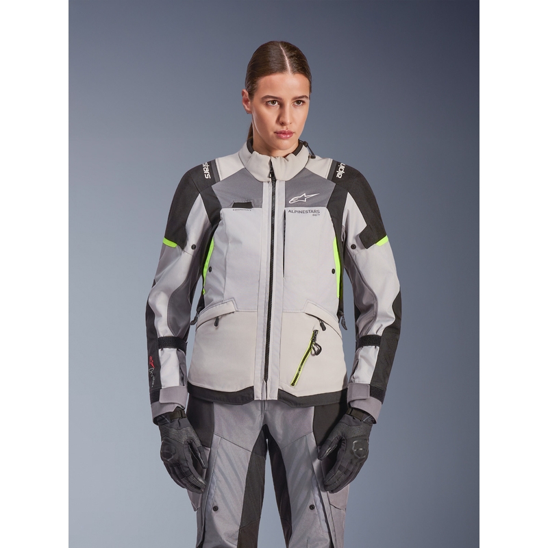 Kurtka motocyklowa damska Alpinestars Stella Andes V4 Drystar w kolorze ciemnoszarym, jasnoszarym, czarnym i fluorescencyjnym żółtym