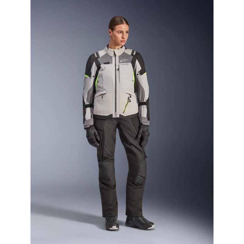 Kurtka motocyklowa damska Alpinestars Stella Andes V4 Drystar w kolorze ciemnoszarym, jasnoszarym, czarnym i fluorescencyjnym żółtym