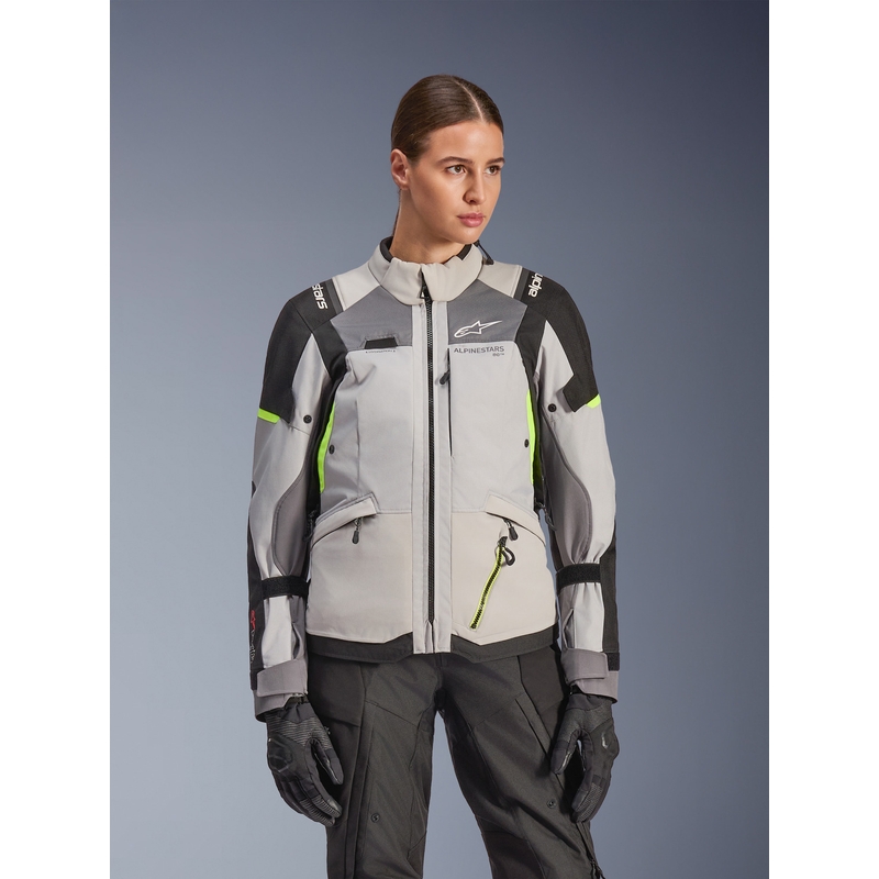 Kurtka motocyklowa damska Alpinestars Stella Andes V4 Drystar w kolorze ciemnoszarym, jasnoszarym, czarnym i fluorescencyjnym żółtym