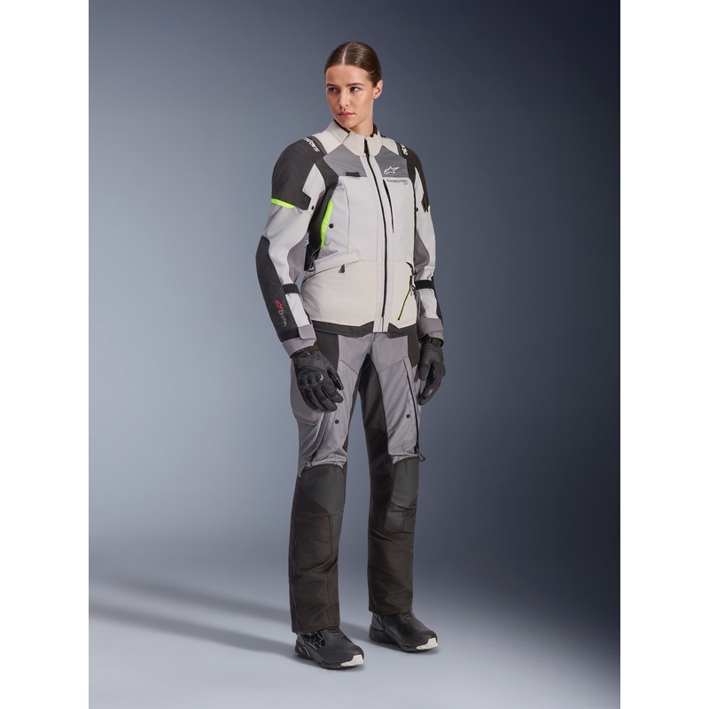 Kurtka motocyklowa damska Alpinestars Stella Andes V4 Drystar w kolorze ciemnoszarym, jasnoszarym, czarnym i fluorescencyjnym żółtym