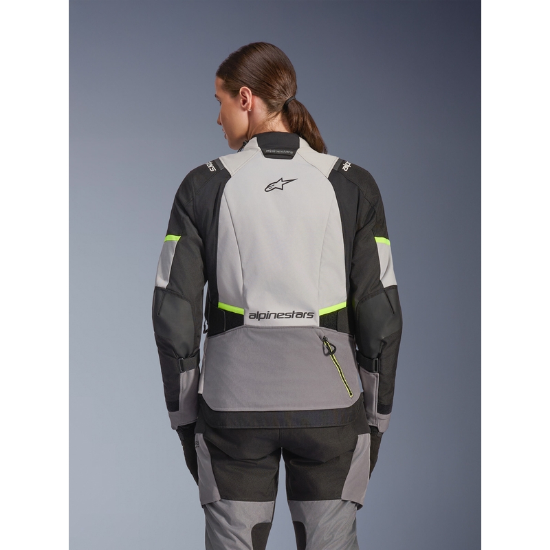 Kurtka motocyklowa damska Alpinestars Stella Andes V4 Drystar w kolorze ciemnoszarym, jasnoszarym, czarnym i fluorescencyjnym żółtym