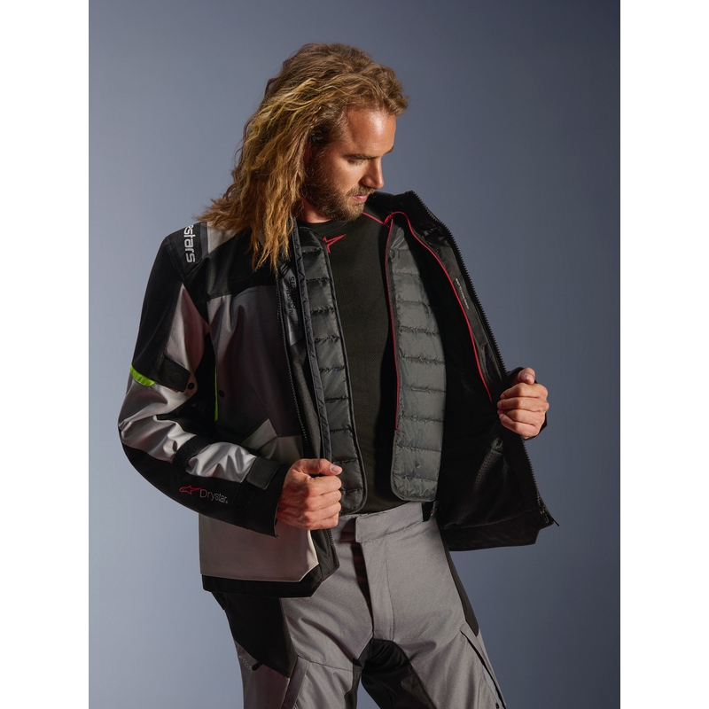 Kurtka motocyklowa Alpinestars Andes V4 Drystar w kolorze ciemnoszarym, jasnoszarym, czarnym i fluorescencyjnym żółtym