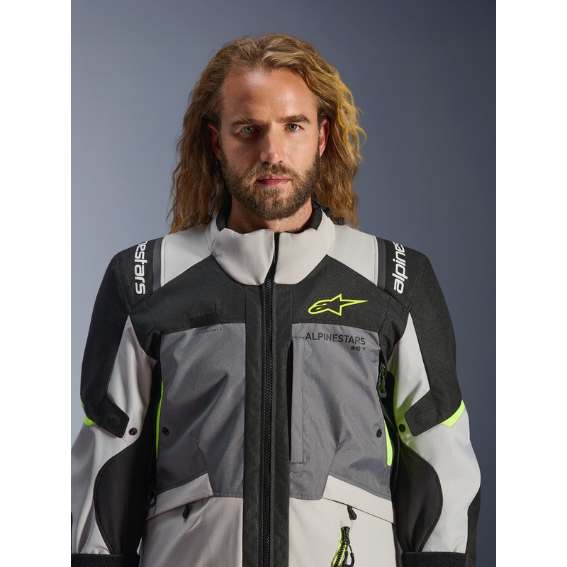 Kurtka motocyklowa Alpinestars Andes V4 Drystar w kolorze ciemnoszarym, jasnoszarym, czarnym i fluorescencyjnym żółtym