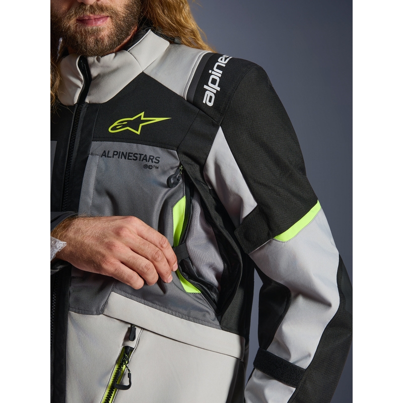 Kurtka motocyklowa Alpinestars Andes V4 Drystar w kolorze ciemnoszarym, jasnoszarym, czarnym i fluorescencyjnym żółtym