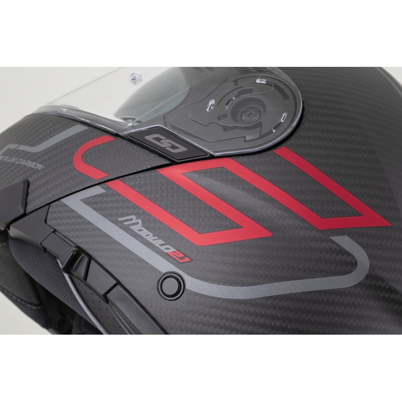 Kask motocyklowy z klapką Cassida Modulo 2.1 Plus Carbon BlackOut matowy czarno-metaliczny czerwono-odblaskowy srebrno-czarny
