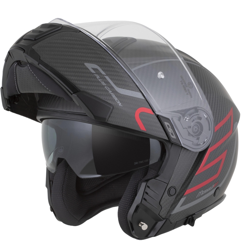Kask motocyklowy z klapką Cassida Modulo 2.1 Plus Carbon BlackOut matowy czarno-metaliczny czerwono-odblaskowy srebrno-czarny