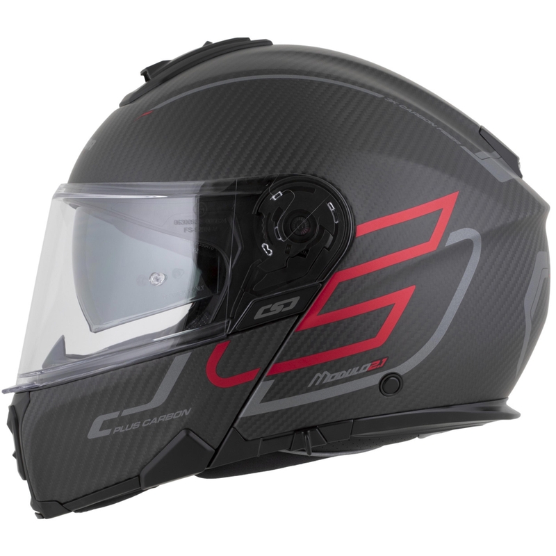 Kask motocyklowy z klapką Cassida Modulo 2.1 Plus Carbon BlackOut matowy czarno-metaliczny czerwono-odblaskowy srebrno-czarny