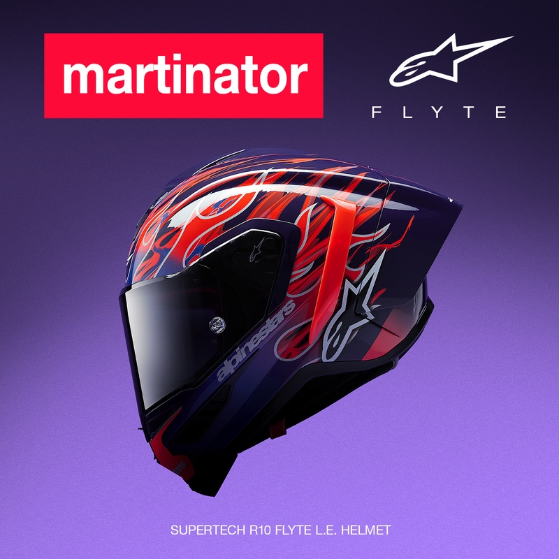 Kask motocyklowy integralny Alpinestars Supertech R-10 Flyte Limited Edition Jorge Martin w kolorze fioletowo-czerwonym