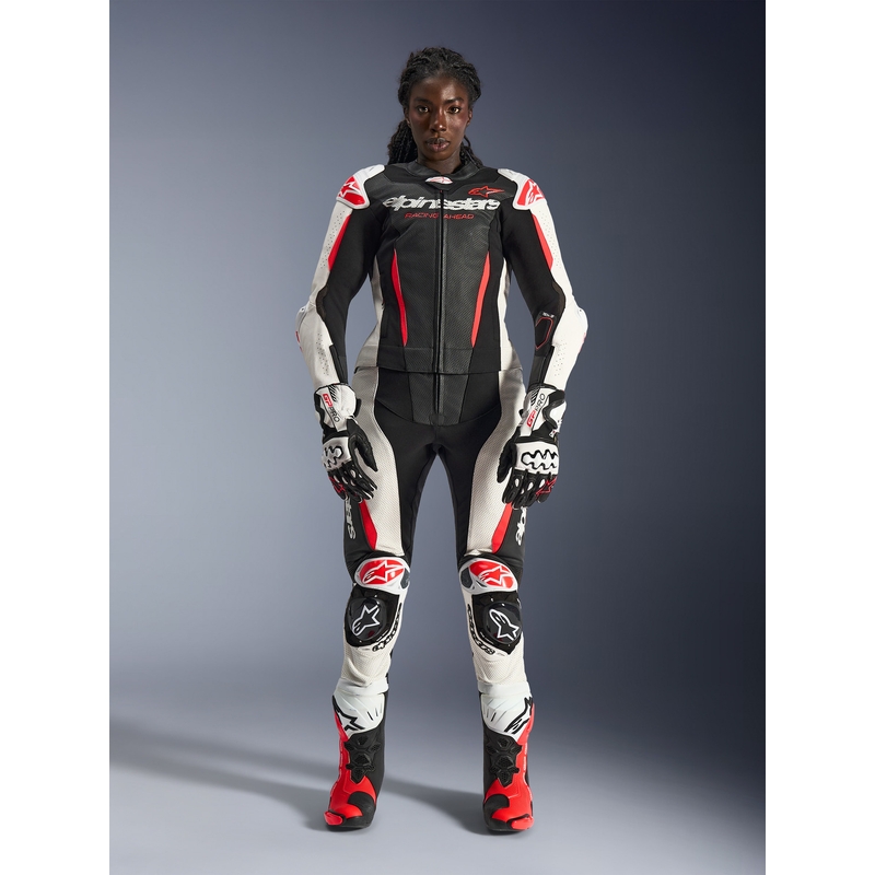 Dwuczęściowy skórzany kombinezon motocyklowy damski Alpinestars Stella GP-R7 czarno-biało-fluo-czerwony