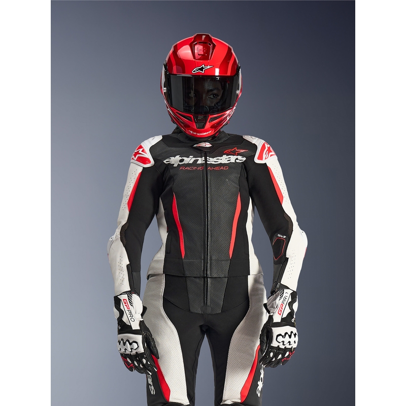 Dwuczęściowy skórzany kombinezon motocyklowy damski Alpinestars Stella GP-R7 czarno-biało-fluo-czerwony