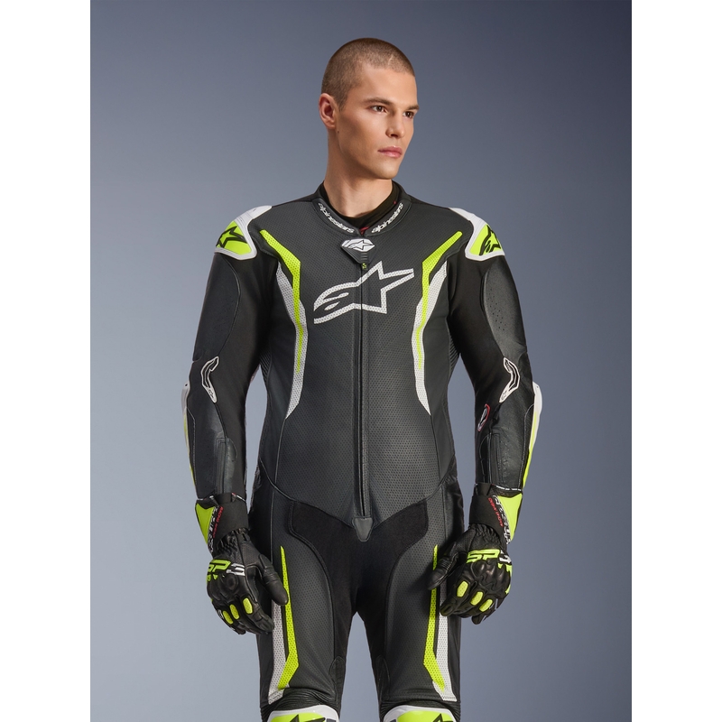Jednoczęściowy skórzany kombinezon motocyklowy Alpinestars GP TECH V5 w kolorze czarno-biało-fluo-żółtym
