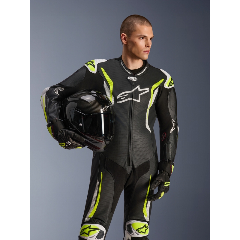 Jednoczęściowy skórzany kombinezon motocyklowy Alpinestars GP TECH V5 w kolorze czarno-biało-fluo-żółtym