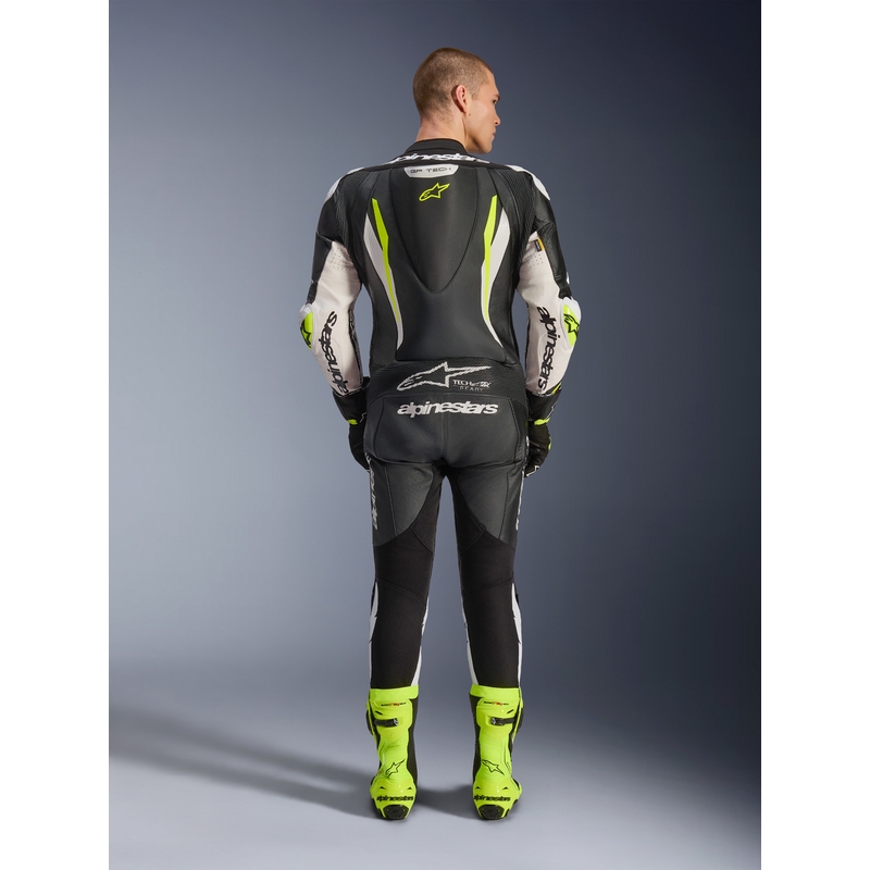 Jednoczęściowy skórzany kombinezon motocyklowy Alpinestars GP TECH V5 w kolorze czarno-biało-fluo-żółtym