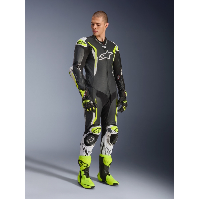 Jednoczęściowy skórzany kombinezon motocyklowy Alpinestars GP TECH V5 w kolorze czarno-biało-fluo-żółtym
