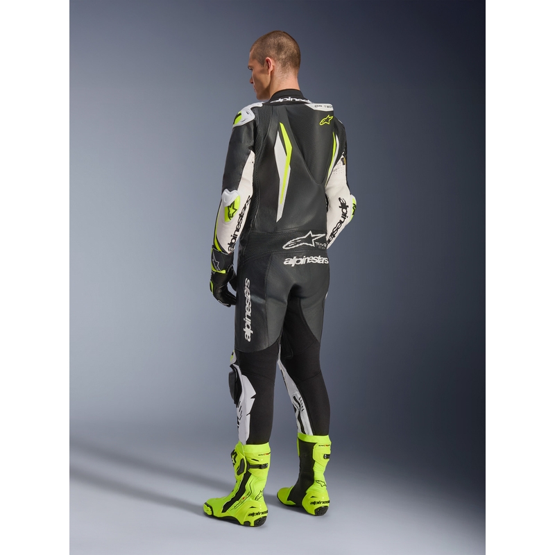 Jednoczęściowy skórzany kombinezon motocyklowy Alpinestars GP TECH V5 w kolorze czarno-biało-fluo-żółtym