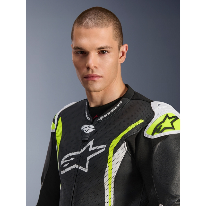 Jednoczęściowy skórzany kombinezon motocyklowy Alpinestars GP TECH V5 w kolorze czarno-biało-fluo-żółtym