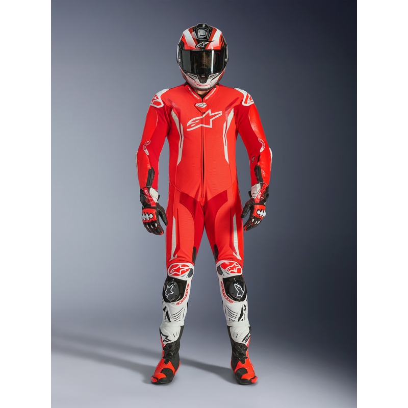 Jednoczęściowy skórzany kombinezon motocyklowy Alpinestars GP TECH V5 w kolorze czerwono-czerwono-białym fluo