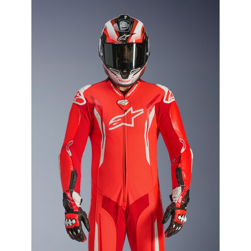 Jednoczęściowy skórzany kombinezon motocyklowy Alpinestars GP TECH V5 w kolorze czerwono-czerwono-białym fluo