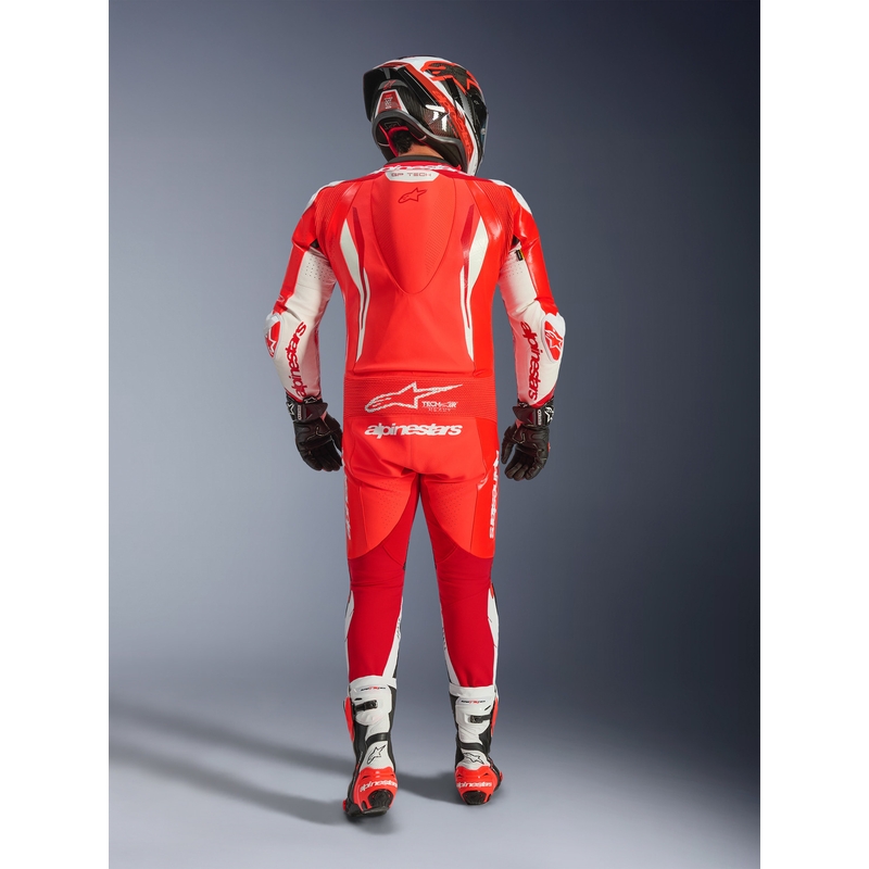 Jednoczęściowy skórzany kombinezon motocyklowy Alpinestars GP TECH V5 w kolorze czerwono-czerwono-białym fluo