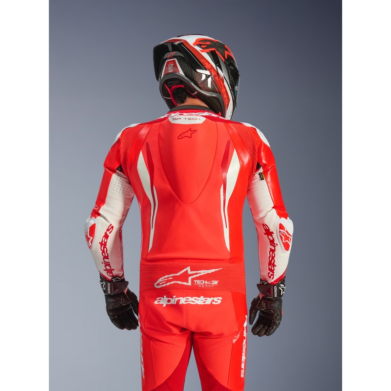 Jednoczęściowy skórzany kombinezon motocyklowy Alpinestars GP TECH V5 w kolorze czerwono-czerwono-białym fluo