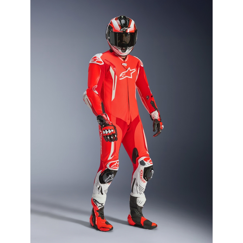 Jednoczęściowy skórzany kombinezon motocyklowy Alpinestars GP TECH V5 w kolorze czerwono-czerwono-białym fluo
