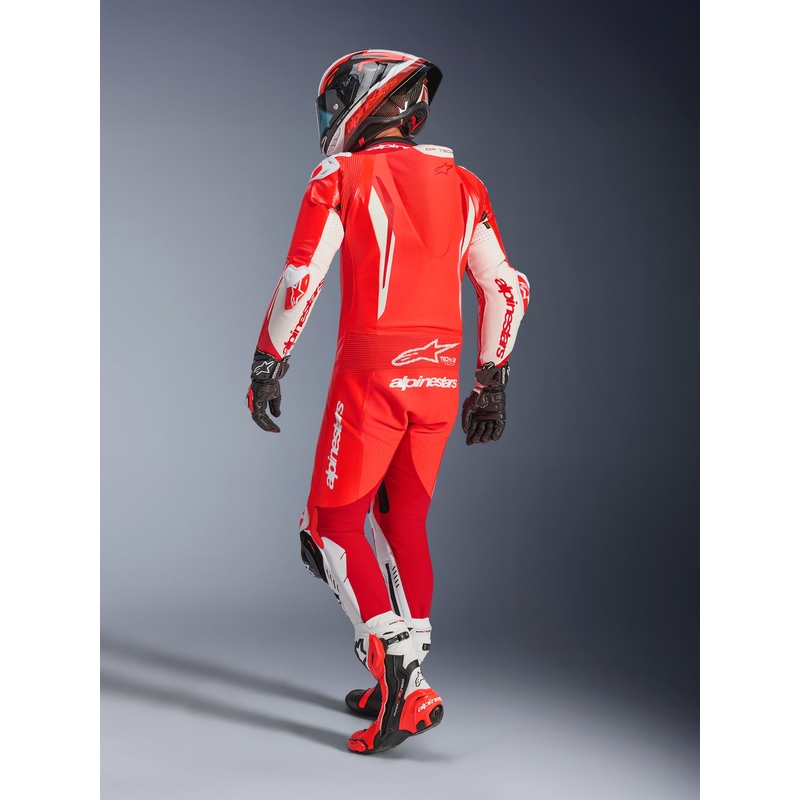 Jednoczęściowy skórzany kombinezon motocyklowy Alpinestars GP TECH V5 w kolorze czerwono-czerwono-białym fluo