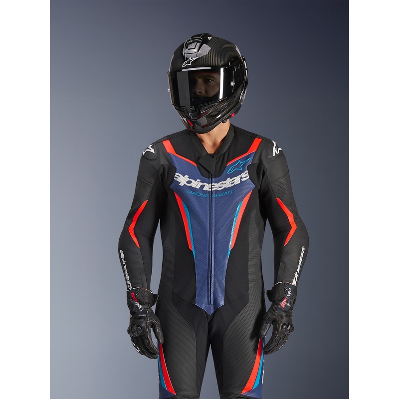 Jednoczęściowy kombinezon motocyklowy Alpinestars GP FORCE V2 czarno-niebiesko-fluo-czerwony