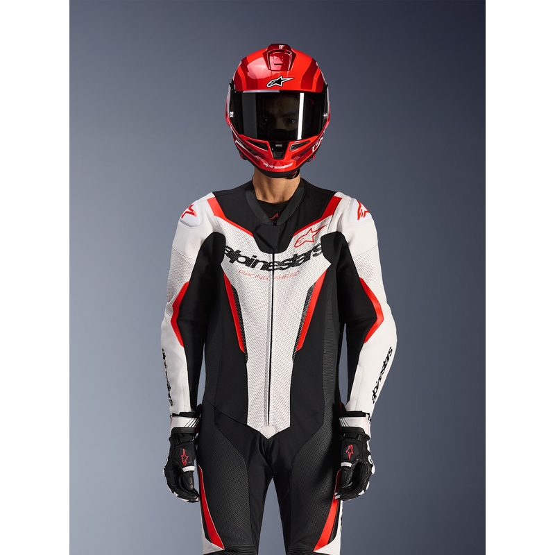 Jednoczęściowy kombinezon motocyklowy Alpinestars GP FORCE V2 w kolorze biało-czarno-fluo-czerwonym
