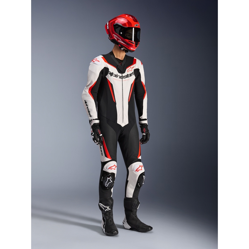 Jednoczęściowy kombinezon motocyklowy Alpinestars GP FORCE V2 w kolorze biało-czarno-fluo-czerwonym