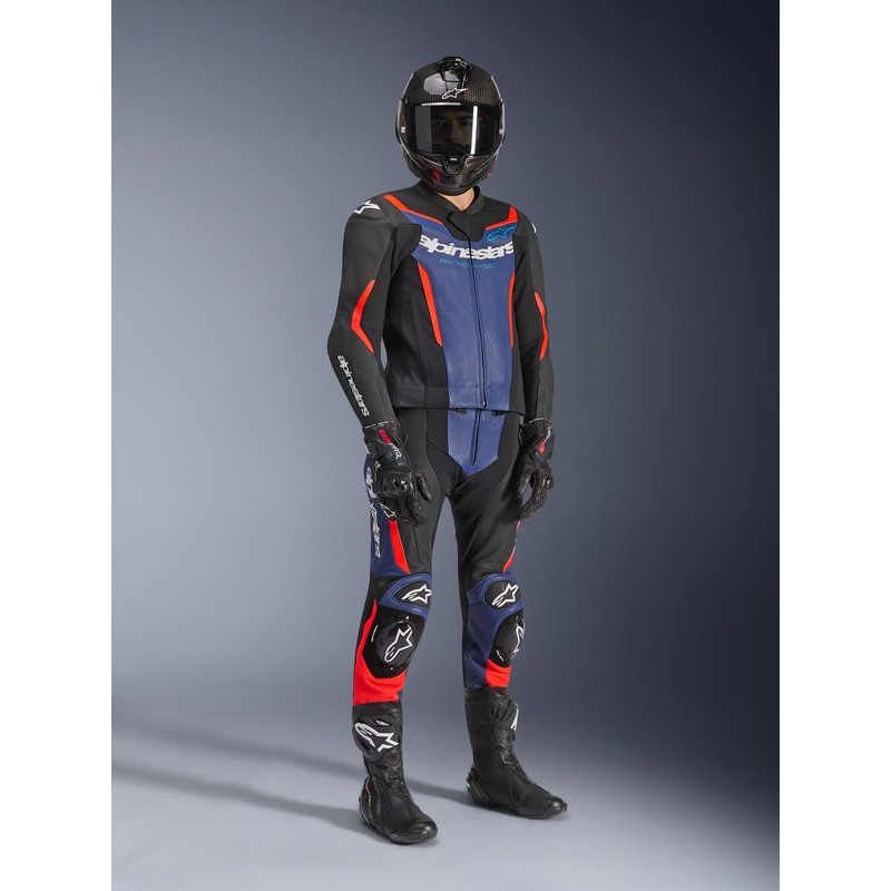 Dwuczęściowy kombinezon motocyklowy Alpinestars GP Force V2 w kolorze czarno-niebiesko-fluo-czerwonym