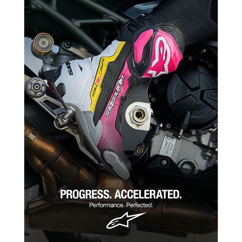 Buty motocyklowe Alpinestars Supertech R czarno-biało-różowo-żółte