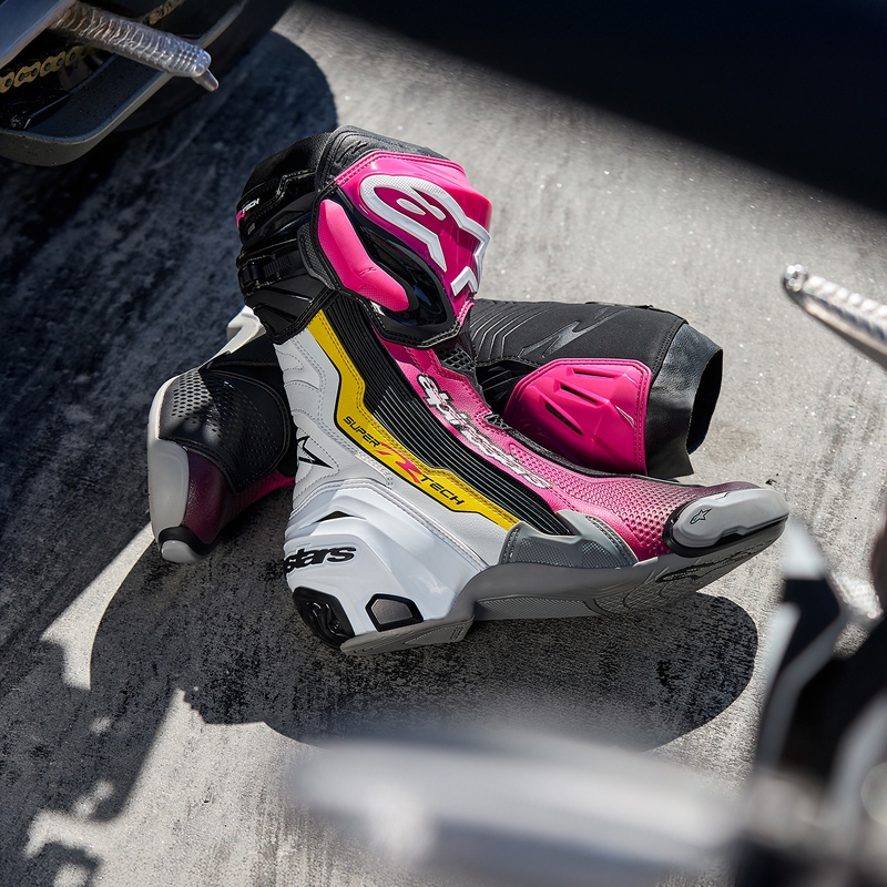 Buty motocyklowe Alpinestars Supertech R czarno-biało-różowo-żółte